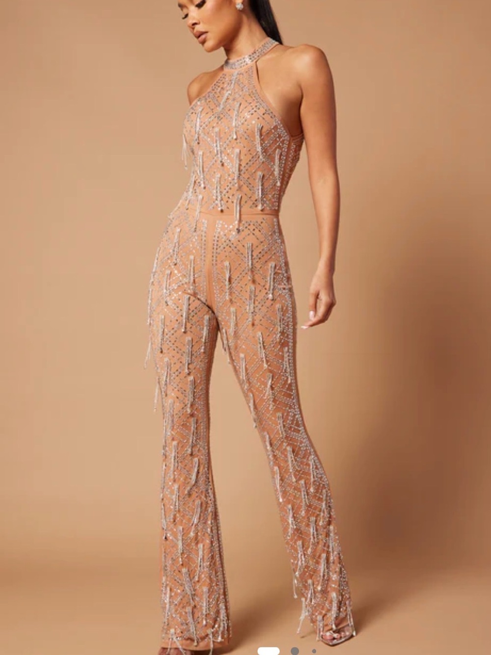 Nude Sequin Halter Boot-Cut Flare Jumpsuit